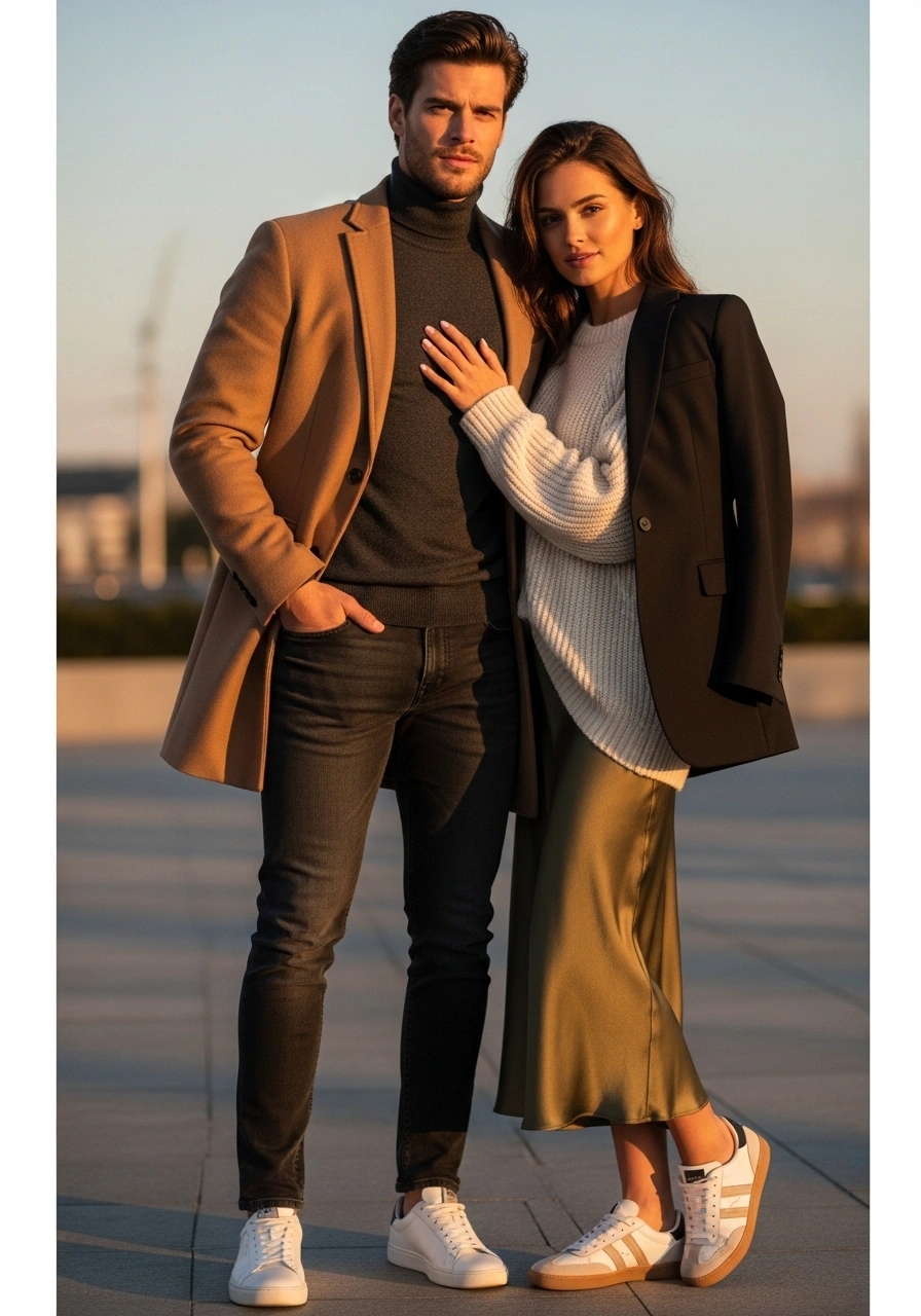 Fashionable couple wearing trendy clothes